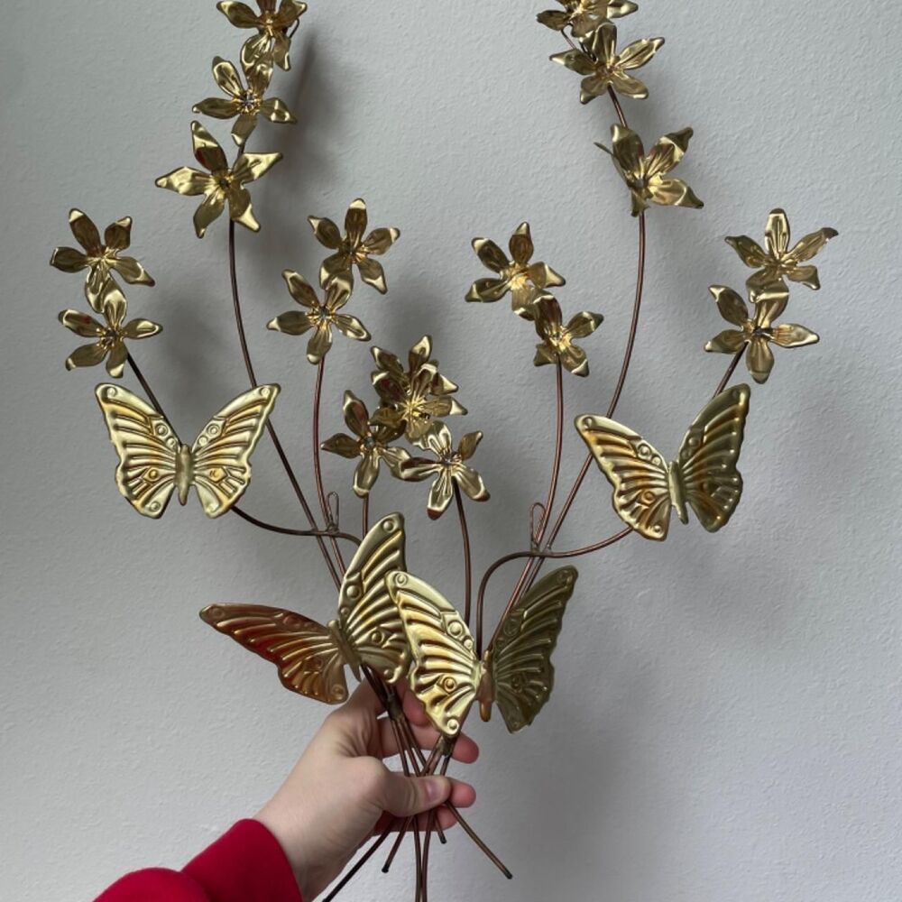 VINTAGE HOMCO BRASS BUTTERFLY & FLOWER WALL ART (PAIR)